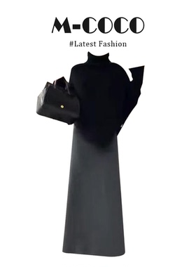 轻熟风黑色高领不规则针织毛衣女秋季高腰包臀长裙套装