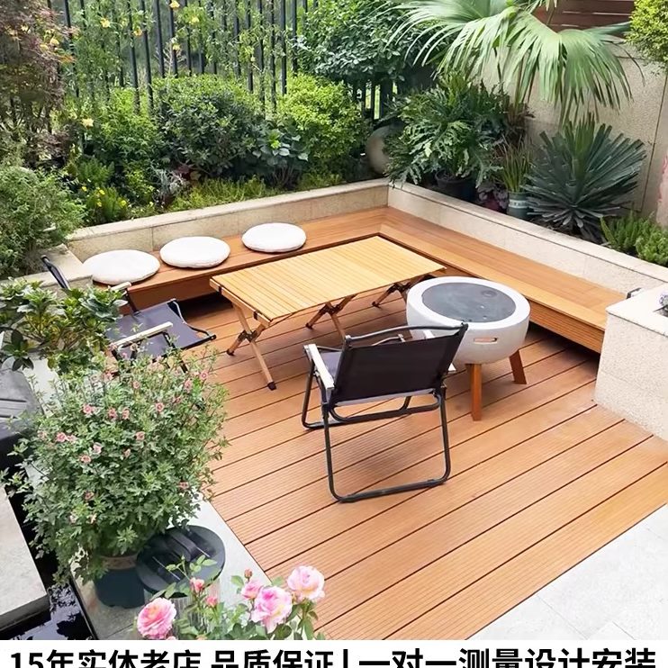 施工铺设塑木地板庭院设计露台防腐木花园围栏地面墙板葡萄架户外