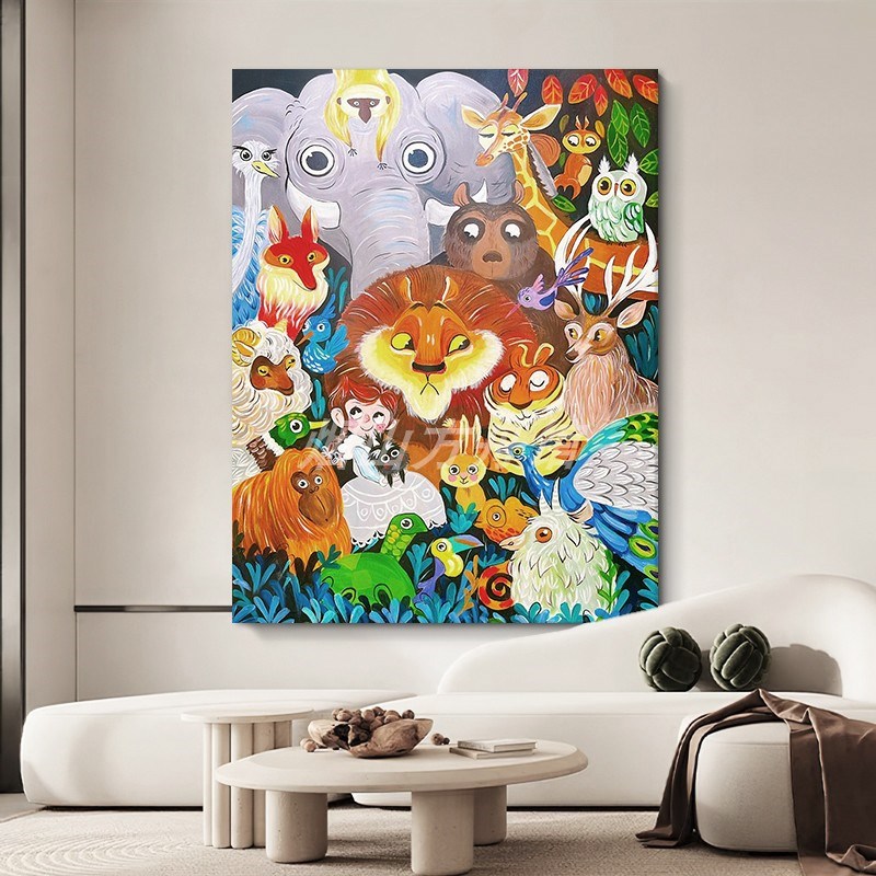 玄关抽象人物动物手绘油画客厅美式小众艺术挂画儿童房卡通装饰画图片