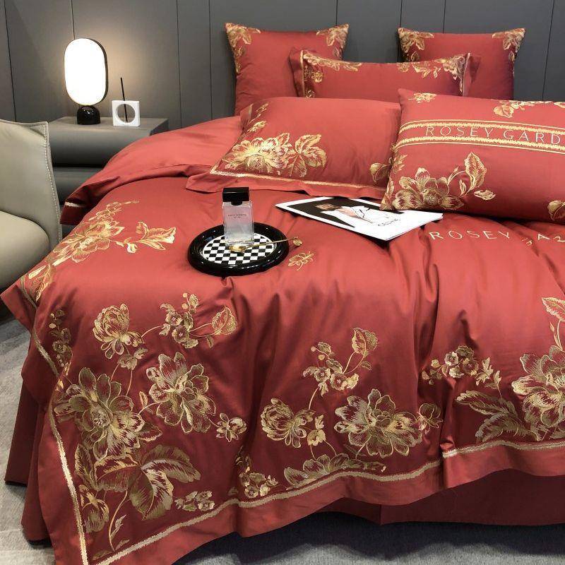 轻奢风大红100支长绒棉四件套全棉精致刺绣纯棉被套高档床上用品