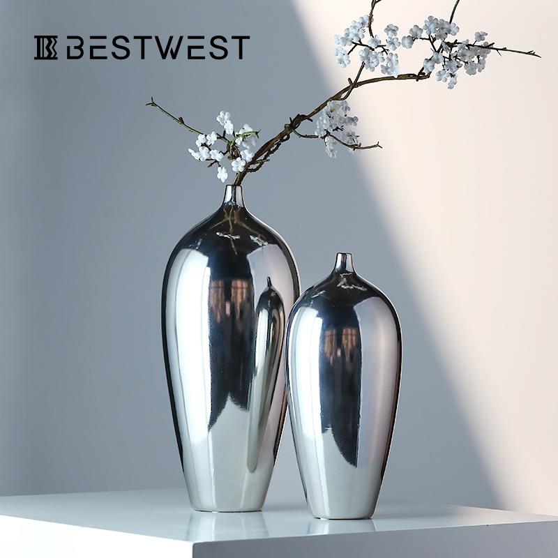 博西家居大肚电镀银色陶瓷花瓶摆件家居玄关软装饰品小口插花器
