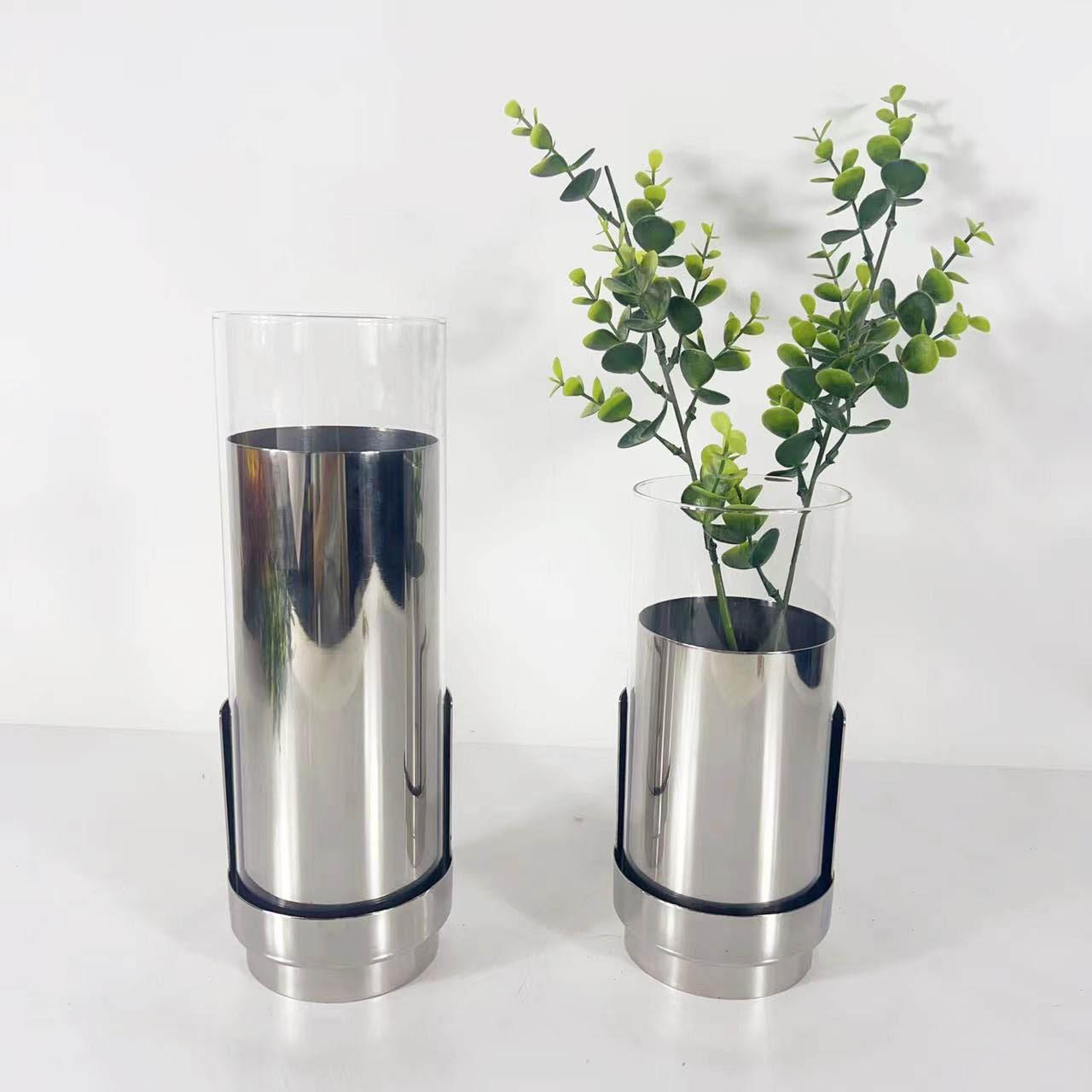 现代简约不锈钢圆筒玻璃插花花艺桌面花瓶摆件样板房售楼处软装饰