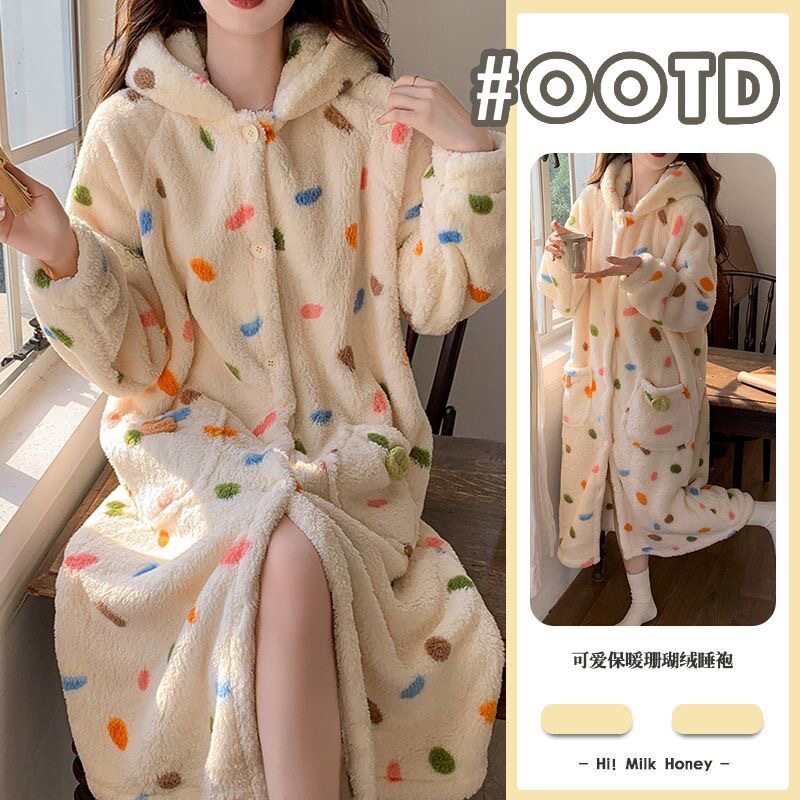 彩色波点印花珊瑚绒睡袍女冬季加绒加厚立领睡衣可外穿家居服睡袍