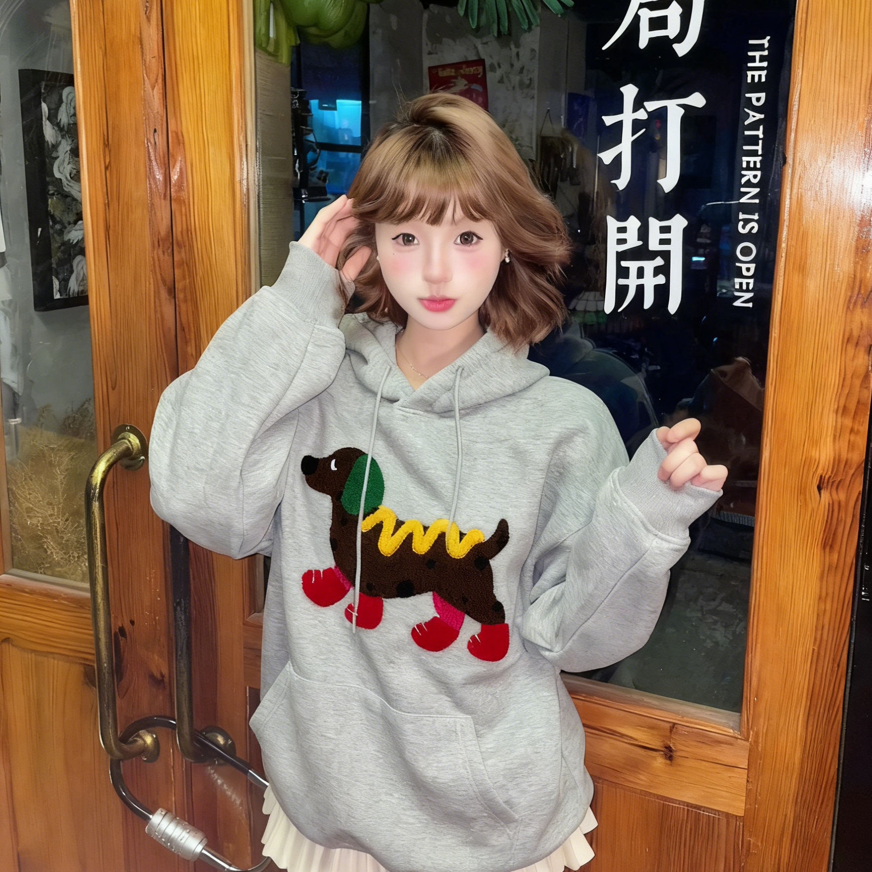 秋冬新款美式小狗毛巾绣连帽卫衣