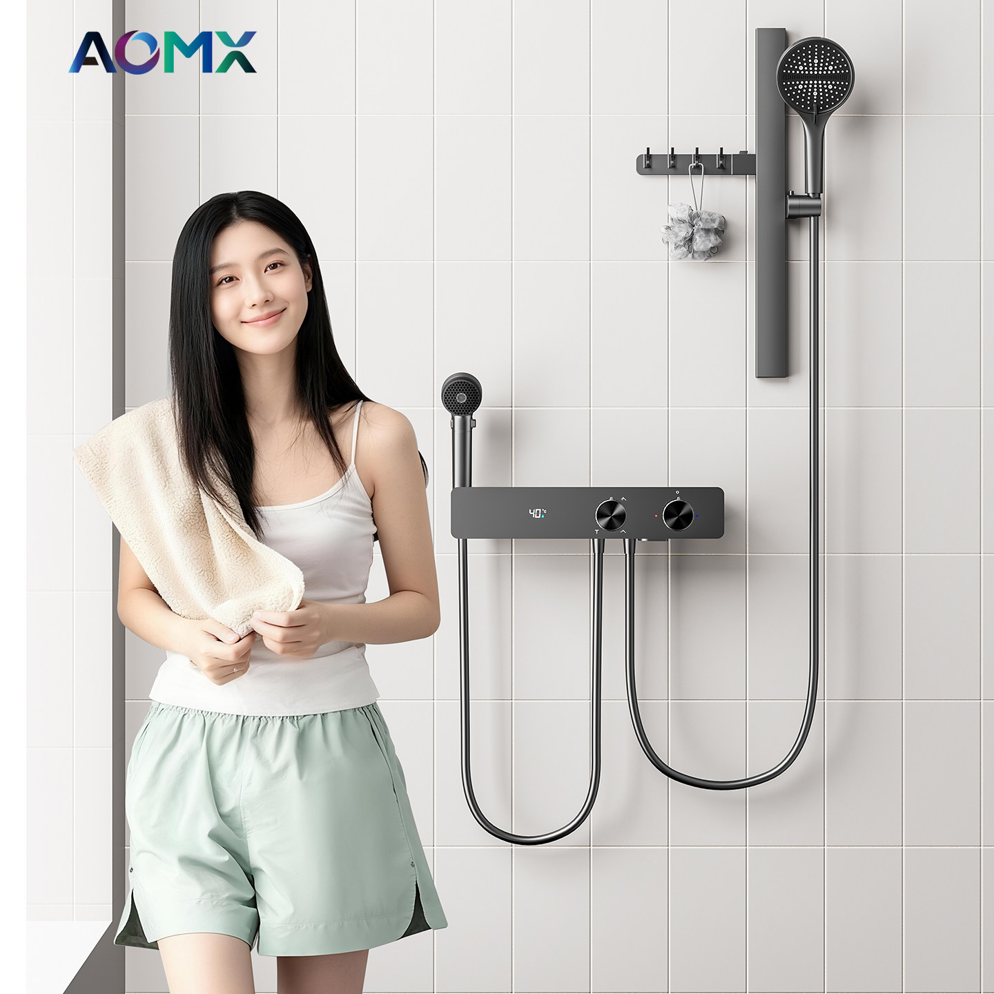 AOMX奶油白全铜恒温淋浴花洒套装无顶喷小户型家用分体式洗澡花洒