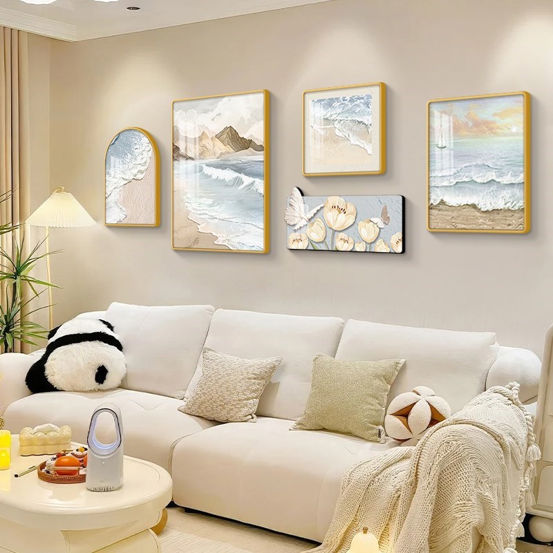 北欧奶油a风客厅装饰画高级感法式沙发背景墙挂画花卉风景组合壁图片