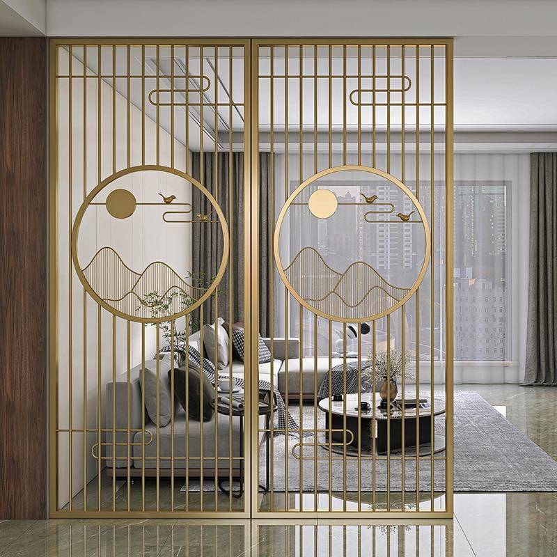 新中式客厅隔断屏风小户型入户镂空玄关轻奢金色铁艺办公室座屏