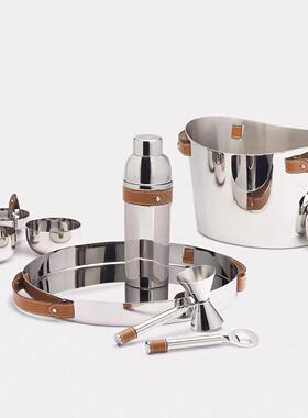 现代皮革银金属香槟红酒冰桶果盘样板房轻奢托盘花器组合桌面摆件