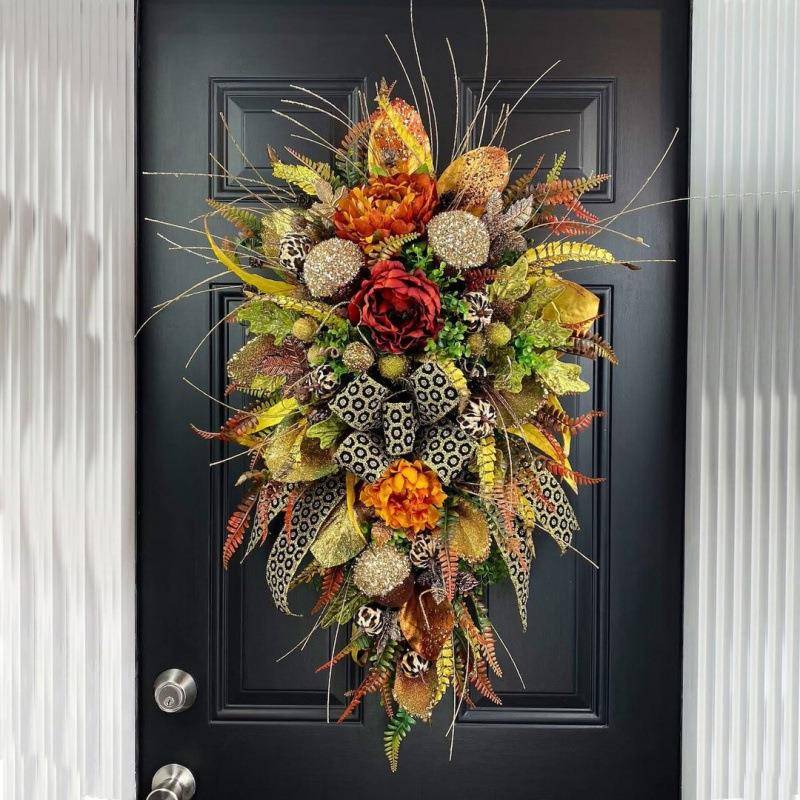 2024秋色季花环挂豹纹丰收节壁挂仿真植物门前装饰感恩节门挂