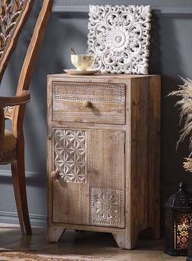 美式乡村实木雕刻简易储物柜民宿客厅复古装饰边柜家用单门斗柜