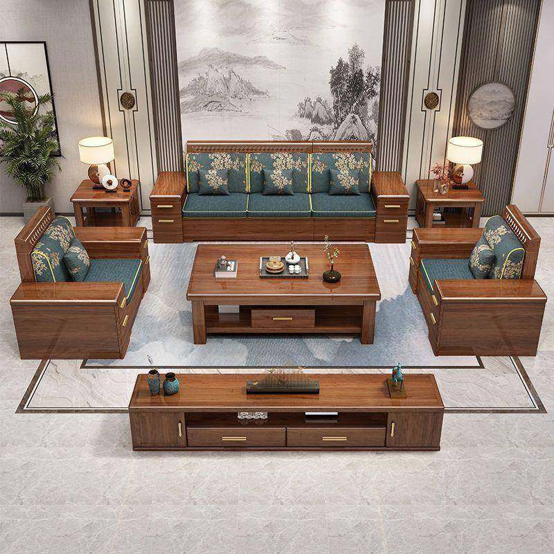 金丝胡桃木实木沙发组合新中式客厅大小户型冬夏两用储物高靠沙发
