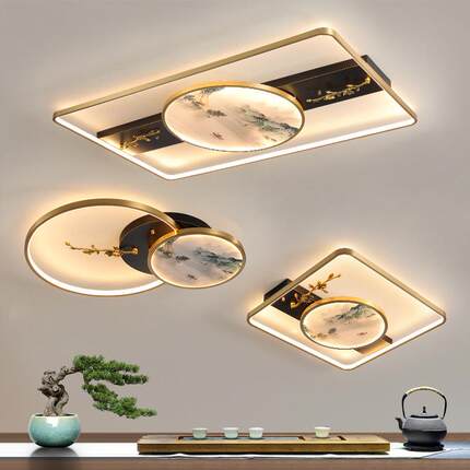 新中式吸顶灯客厅灯具中国风简约大气茶室书房灯LED圆形餐厅卧室