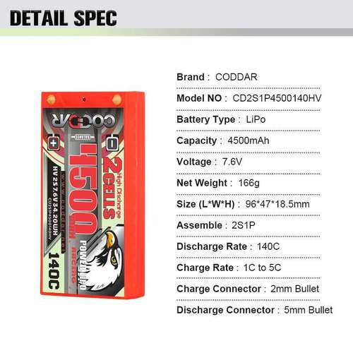 鹰氪CODDAR 4500mAh 2S 7.6V 140C HV NGE1/10电动漂移RC车高压款