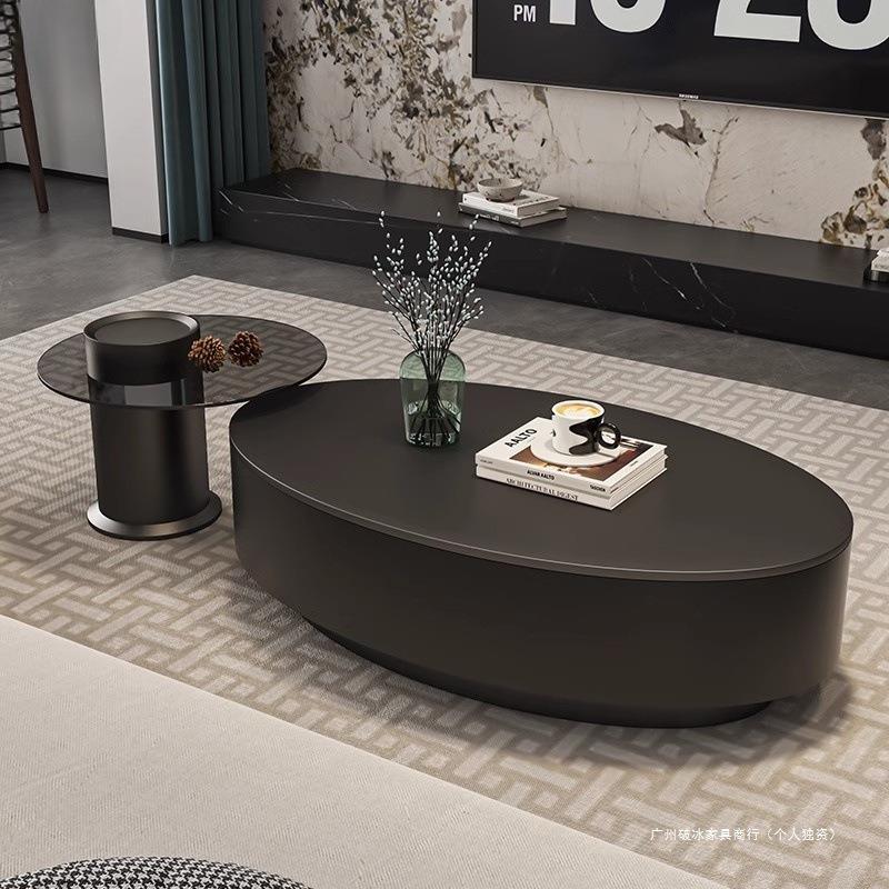 意式轻奢黑色椭圆形岩板茶几桌客厅家用小户型现代简约高级感组合