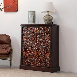 侘界实木雕刻五斗柜泰式 客厅雕花玄关柜 卧室储藏收纳柜东南亚风格