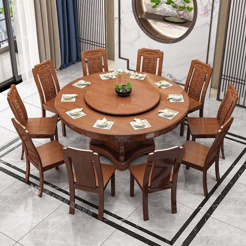 实木餐桌组合饭店大圆桌带电磁炉火锅桌橡木雕花中式饭桌子