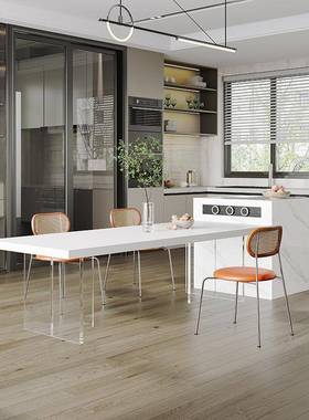 亚克力岩板餐桌透明家用简约白色意式轻奢悬浮德利丰长方形饭桌椅