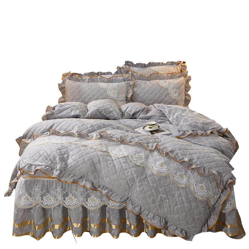 V3FP可拆洗加厚天鹅绒夹棉床裙四件套1.5m床罩2m被套1.8米珊瑚绒4