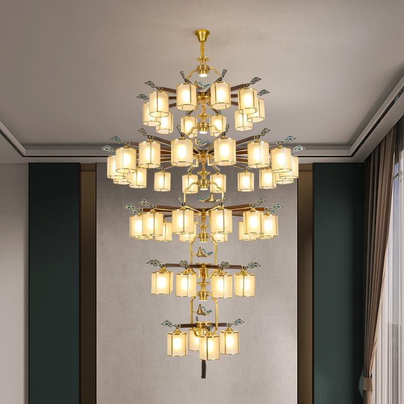 全铜别墅客厅大吊灯新中式复式楼楼梯长吊灯灯罩朝下大厅餐厅灯具