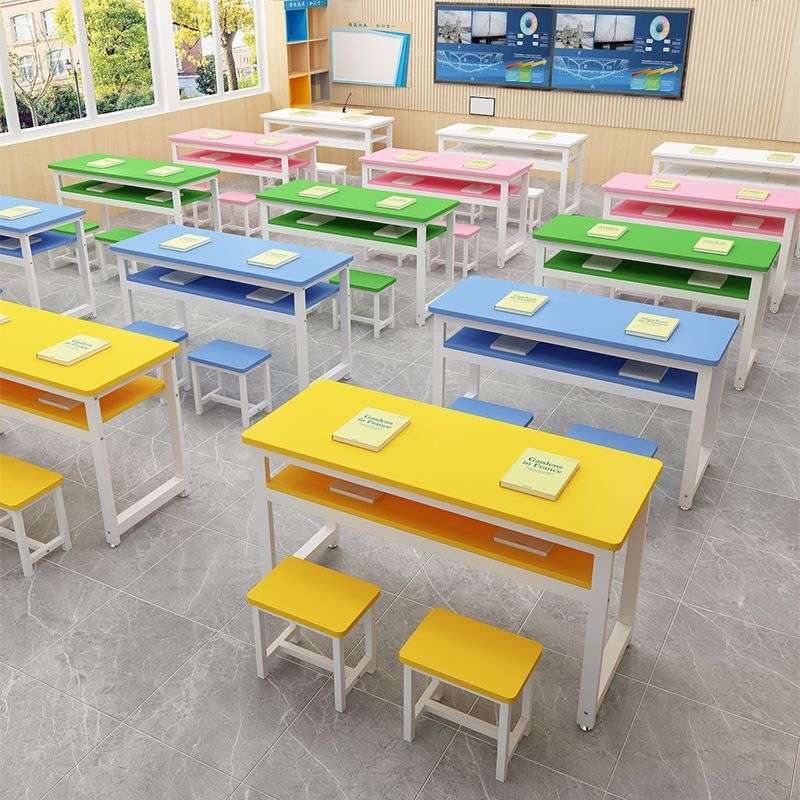 补习班单双人双层培训桌学生课桌椅彩色长条桌儿童画室培训课桌椅