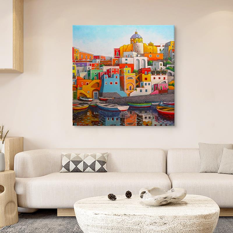 奶油风纯手绘客厅正方形彩色建筑油画玄关餐厅挂画卧室床头装饰画