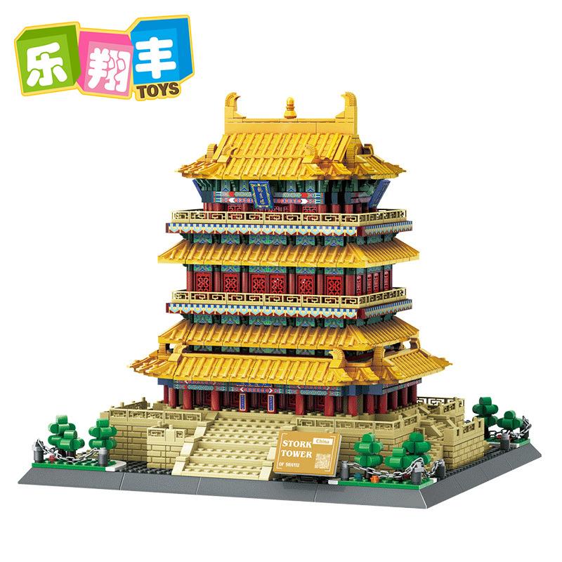 万格6229小颗粒积木玩具儿童拼装国潮建筑山西运城鹳雀楼模型摆件