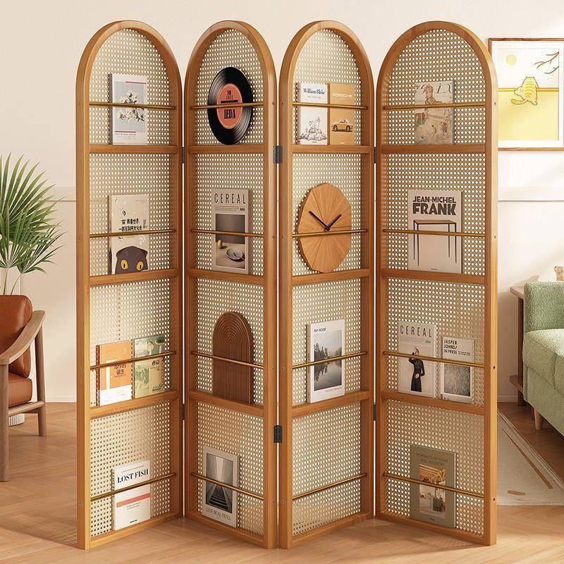 新中式屏风隔断客厅藤编折叠格栅底座办公室餐饮简易遮挡帘中古风