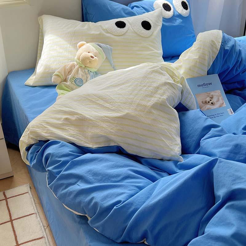 韩系奶油双拼大眼睛条纹纯棉水洗棉四件套全棉被套1.5m1.8米床单