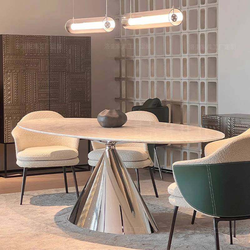 意式极简飞碟天然大理石餐桌进口奢石椭圆形高端别墅客厅奢石饭桌