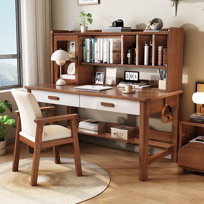北欧实木书桌办公学习桌带书架一体桌家用时尚轻奢书桌学生学习桌