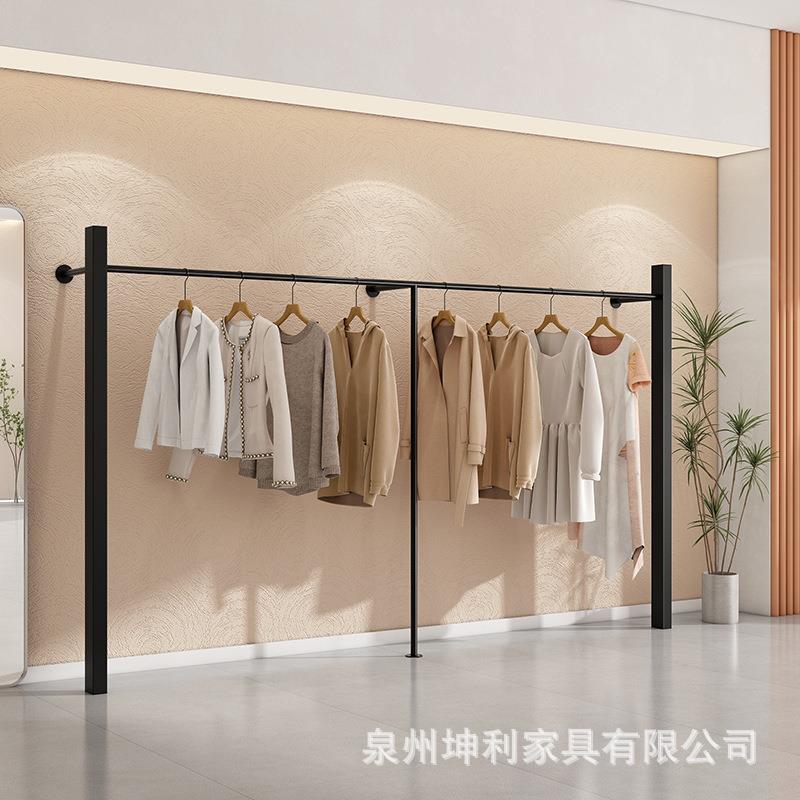 服装店展示架黑色简约哑光黑落地式侧陈列架女装店衣服上墙挂衣架
