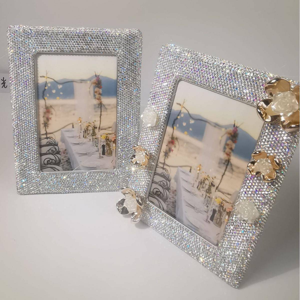 镶钻满钻花朵金属相框6寸7寸8寸简约轻奢框铝合金相片框家居摆件