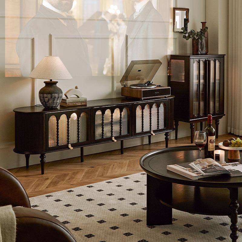 巢趣法式复古实木电视柜黑色高级感收纳储物柜一体客厅美式复古