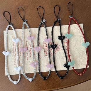 string jennie金智妮rose朴彩英同款手机链黑粉白桃心数码挂件绳