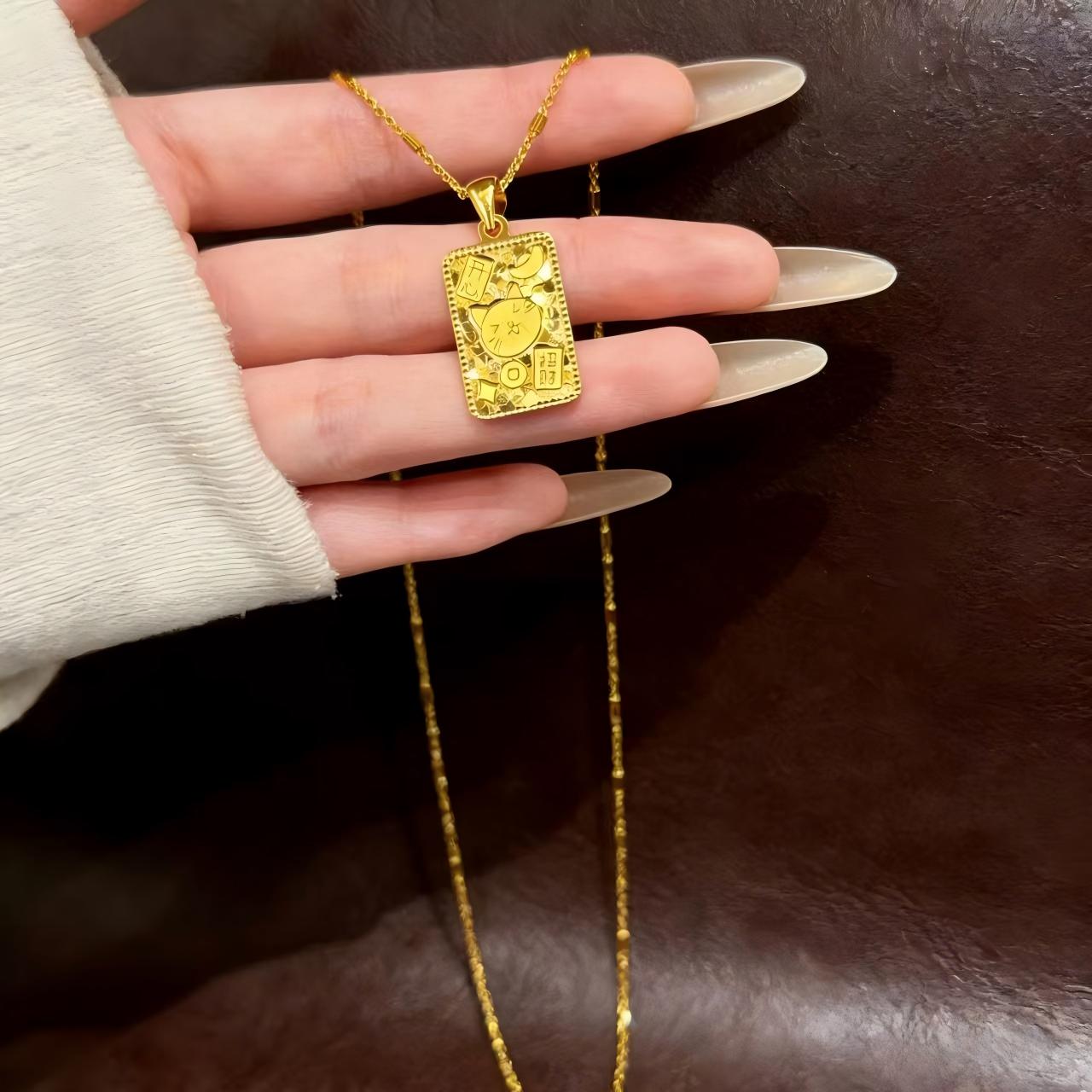 铜合金新中式招财猫方牌毛衣链