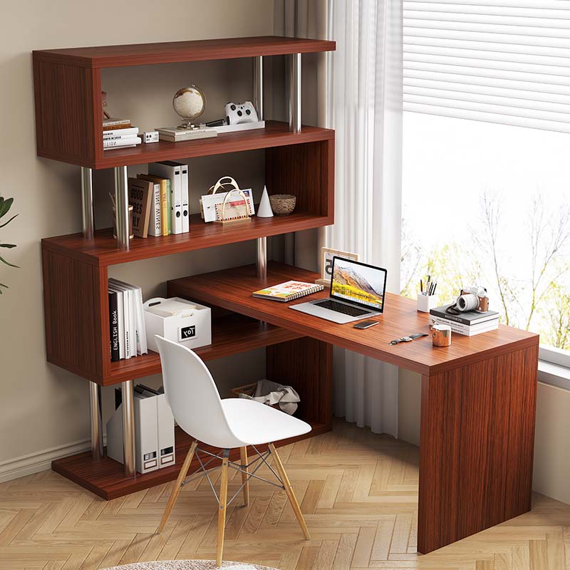 转角书桌书架g一体办公桌学生家用学习桌奶油风洞洞板台式电脑桌
