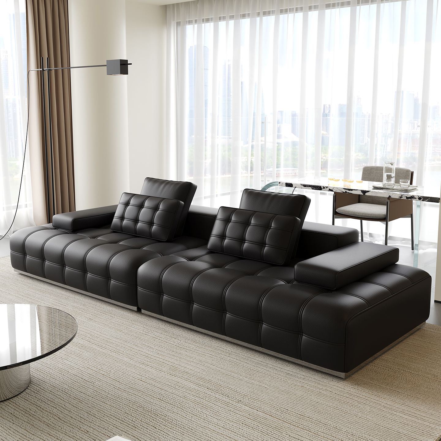 劳伦斯直排真皮沙发意式极简客厅别墅大户型大平层设计师皮艺沙发