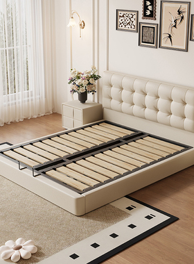 意式极简黑色华夫格真皮床现代简约红书同款复古储物双人主卧大床