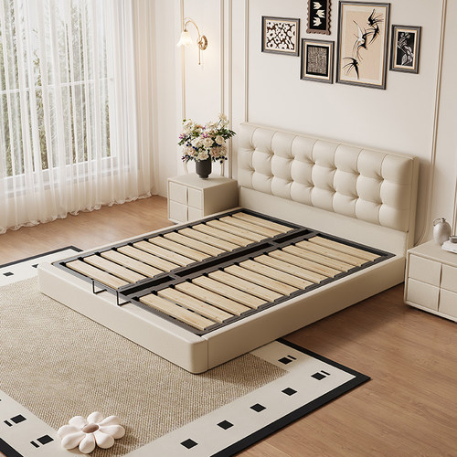 意式极简黑色华夫格真皮床现代简约红书同款复古储物双人主卧大床