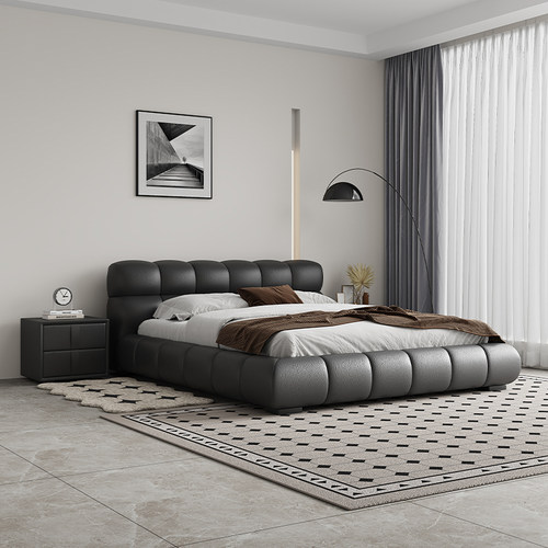 落地网红奶油风泡芙真皮双人大床