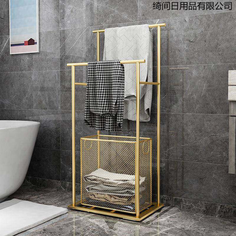 北欧轻奢卫生间置物架落地浴巾毛巾架免打孔浴室浴缸边脏衣篮架