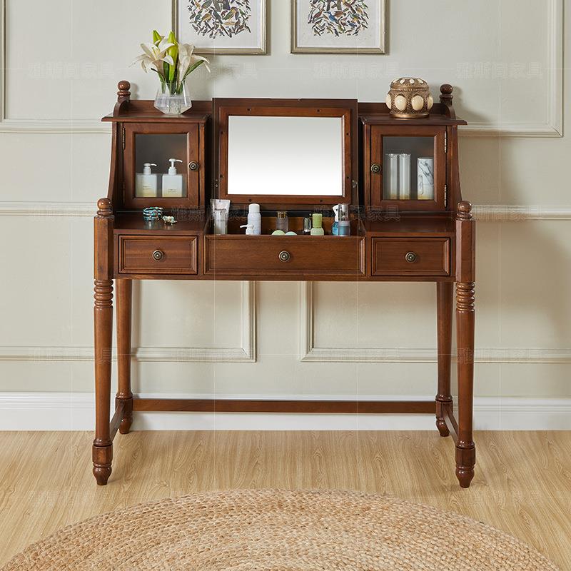 美式实木橡胶木梳妆台床头柜一体卧室小户型多功能储物化妆桌子