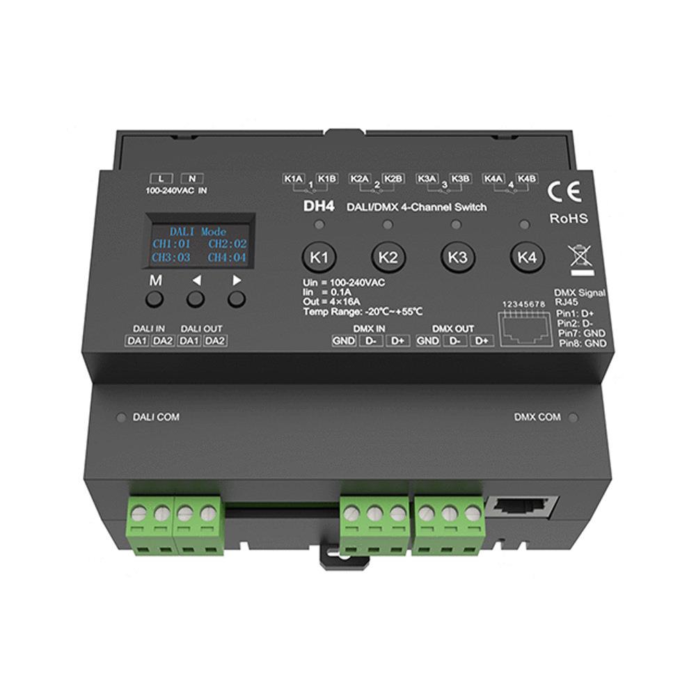 DH44个DALI地址16A电流⼲接点继电器开关输出OLED显⽰屏DALIDMX