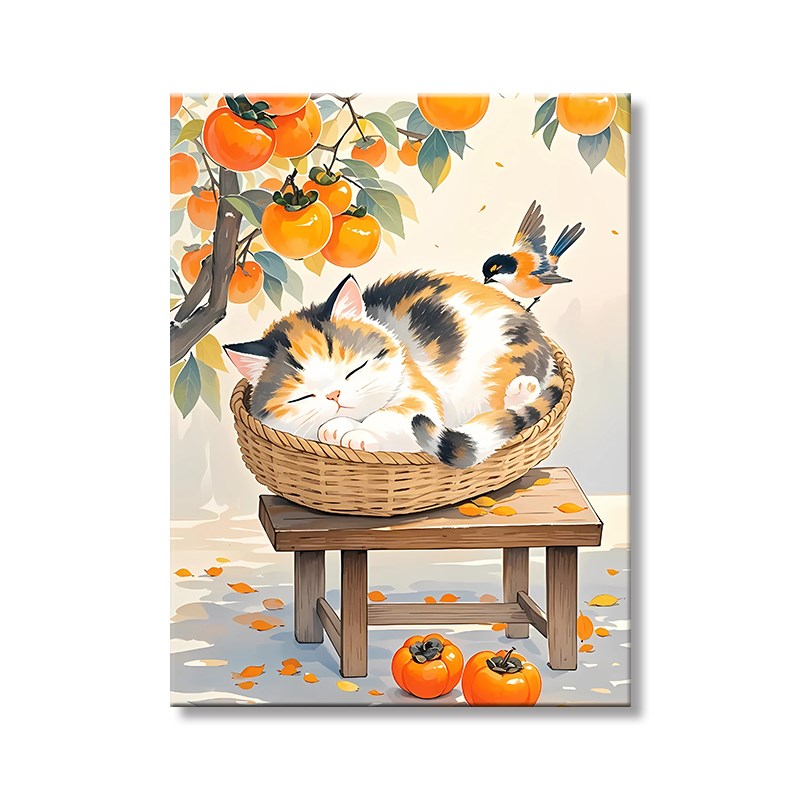 竹篮猫咪diy数字油画解压手工画画填色颜料涂色画手绘丙烯装饰画图片