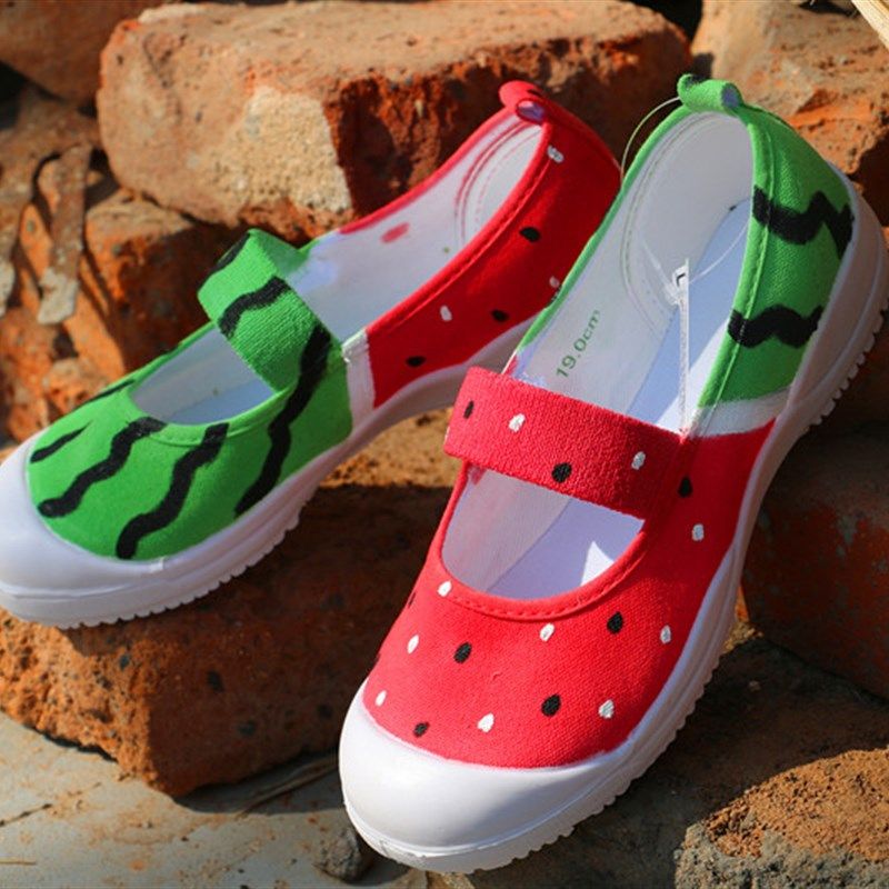 采用抗菌面料手绘大西瓜帆布学生鞋舞蹈儿童幼儿园小白鞋防臭减震,童鞋/婴儿鞋/亲子鞋,帆布鞋,淘宝优惠券,粉丝福利购,淘宝优惠卷