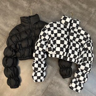 冬季女童新款棉服立领长袖走线泡泡松紧时尚短款手塞棉棉服洋派潮
