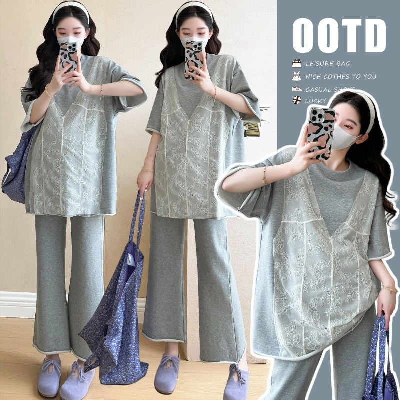 孕妇套装夏季新款宽松灰色蕾丝拼接上衣+猪鼻扣九分阔腿裤两件套,孕妇装/孕产妇用品/营养,套装,淘宝优惠券,粉丝福利购,淘宝优惠卷