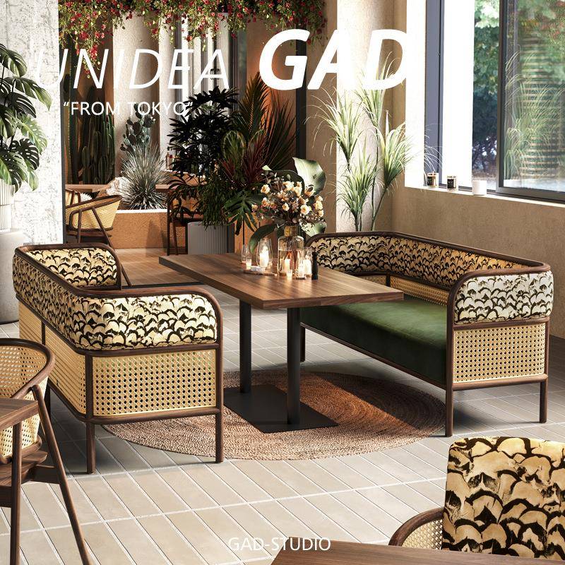 UN东南亚商用实木藤编卡座沙发餐饮店餐厅桌椅组合茶楼火锅店