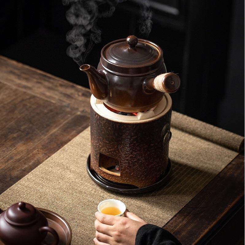 围炉煮茶淘瓷八中式复古温茶养生碳炉古陶侧把烧水煮茶壶窑变炭炉
