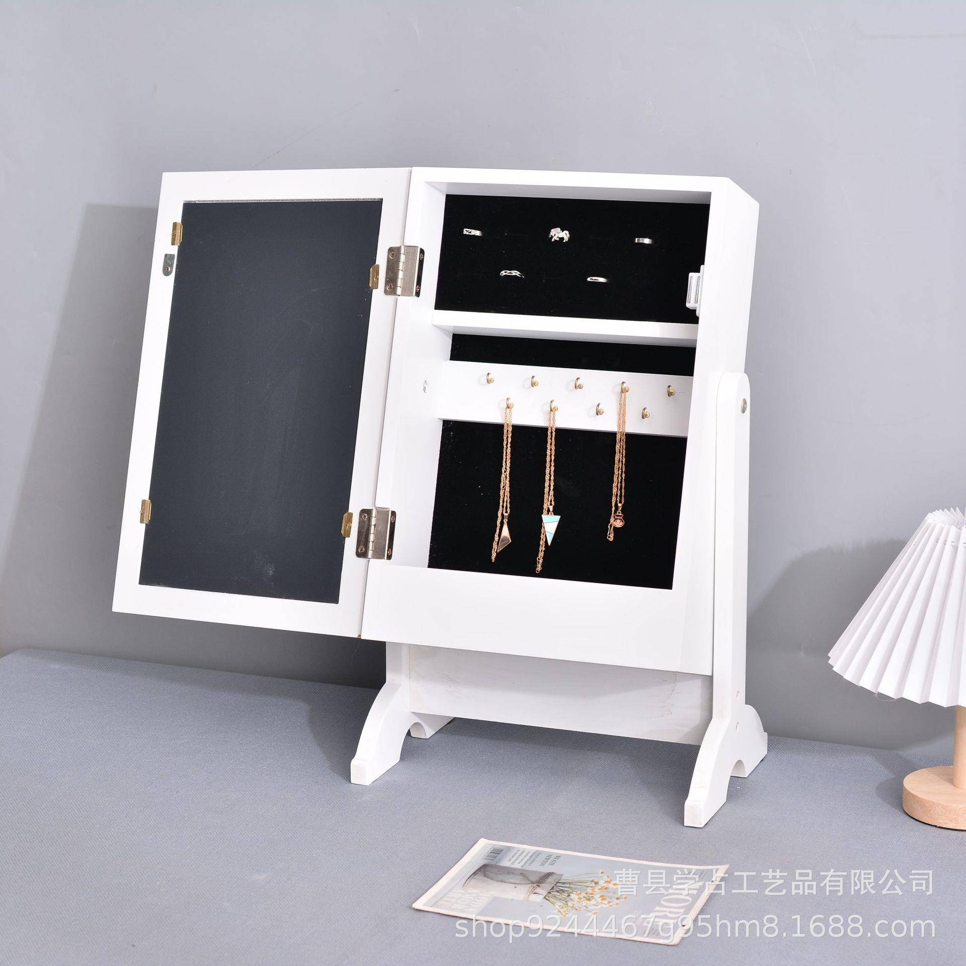 家用珠宝首饰收纳柜桌面绒布高清镜子梳妆台实木化妆镜展示柜